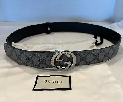 GUCCI GG Pattern Reversible Belt Interlocking G Belt GG Supreme Leather Beig... • $229.99