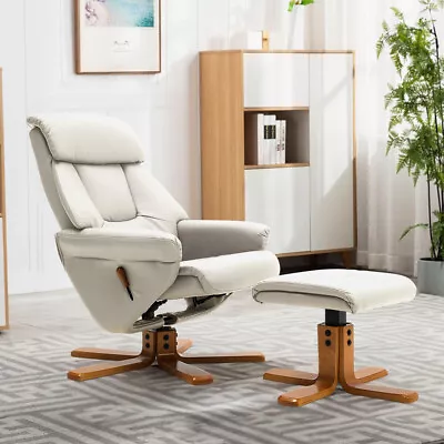 Swivel Recliner Chair Beige PU Leather Armchair Office Lounge Sofa W/ Foot Stool • £175.95