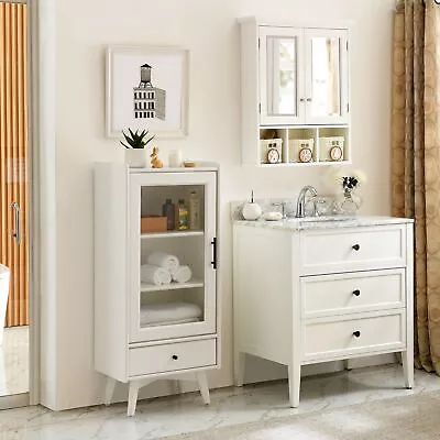 Modern Bathroom Storage Cabinet Floor Standing Glass White Adjustable Shelves • $182.80