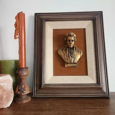 Classical Brass Mozart Portrait Plaque Walnut Wooden Framed Artwork • $120