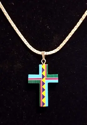 **Vintage Inlaid Turquoise Malachite Cross Pendant Necklace** • $9.99