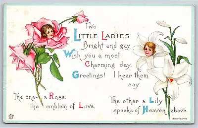 Fantasy Face Rose & Lily~2 Little Ladies Bright & Gay~Stecher 44E~1921 Postcard • $3.70
