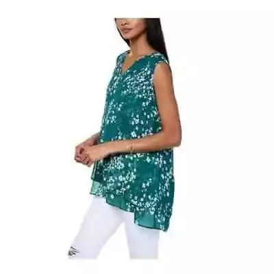 Sleeveless Cristina B Tunic Notch V-neck Lined In Green Teal White Print Roomy L • $11.99