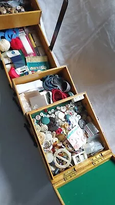 Vintage Wooden 3 Tier Cantilever Sewing Box On Legs Storage Organiser + Contents • £50