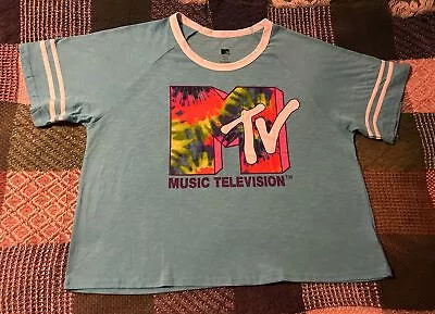 MTV Men’s Music Television Tie Dye Logo Tee Shirt Blue Turquoise 2XL Exc • $8.99