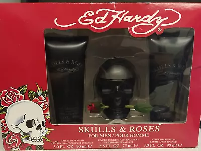 Ed Hardy Christian Audigier Skull & Roses EDT Spray 3 Pieces Gift Set 2.5oz • $54.99