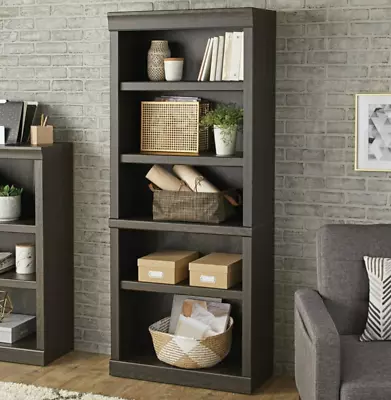 Dark Oak Finish 5 Shelf Bookcase Wooden Bookshelf Adjustable Shelf Storage Home • $174.97