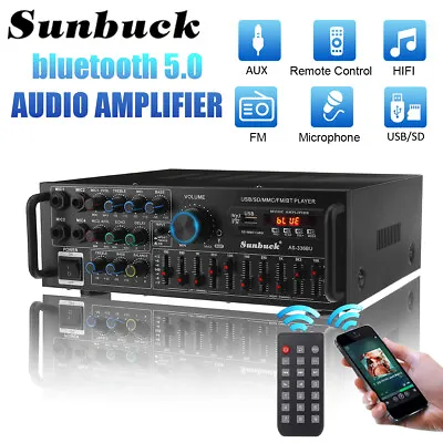 Sunbuck 2000W Bluetooth Stereo Amplifier HIFI 2CH Tuner USB SD 4Mic Input 220V • £48.79