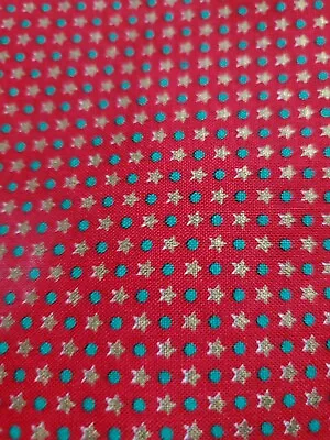 Vintage Cotton Red Quilt Fabric Christmas Gold Stars Green Dots Joan Kessler BTY • $4.30