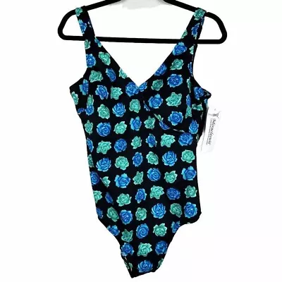 Miraclesuit 16 One Piece Swimsuit Blue Black Floral Slimming Wrap Rose NWT $128 • $49.99