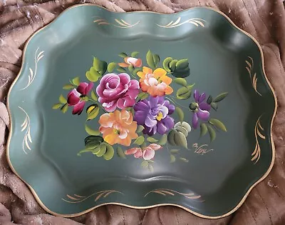 Vintage Floral Hand Painted Metal Serving Tray Signature Heavy 17 X14  • $44.70