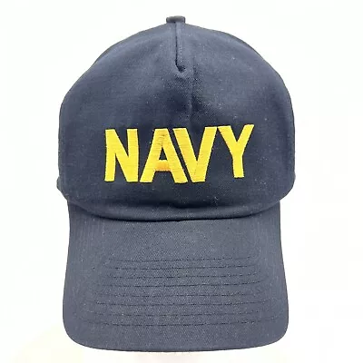 VINTAGE US NAVY Adult Hat Ball Cap Blue Yellow Logo Snap Back Made In The USA • $22.99