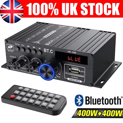 AK380 Digital Power Amplifier Bluetooth USB Music Player FM Stereo Audio Amp UK • £18.89