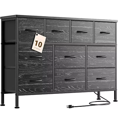 10 Drawer Dresser 43in TV Stand With Power Outlet Chest Of Drawers Storage Black • $89.99