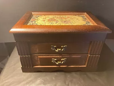 Vintage Wood Musical Jewelry Box With Tapestry Fabric Accent • $14.99