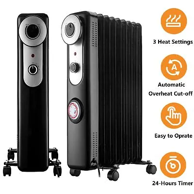 2500W 9 11 Fin Portable Oil Filled Radiator Electric Heater With 3 Heat Settings • £37.99