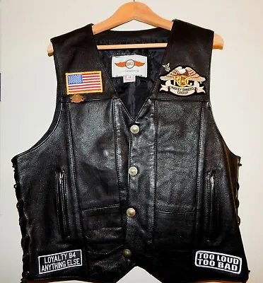 BG Black Men's Motorcycle Biker Vest Harley Owners Club Patches Pins Lace Sides • $52.49