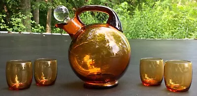 Amber Art Glass DECANTER PITCHER W/ 4 CORDIALS SHOT GLASSES Farber Bros MCM • $50