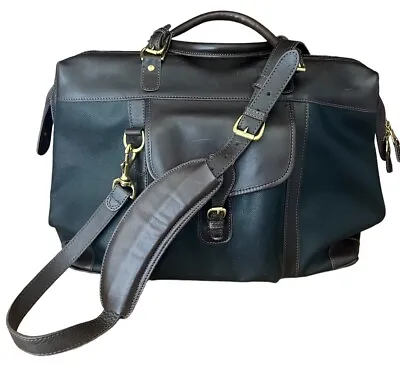 MULHOLLAND BROTHERS Black And Brown Leather Trim Weekend Travel Bag With Strap • $429.99