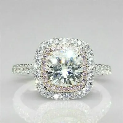 £105 • Buy 3Ct Cushion-Cut Diamond Halo Bridal Engagement Ring 14k White Gold Over Size J-T