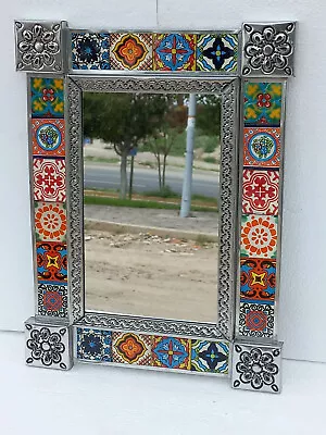 PUNCHED TIN MIRROR With Mixed Talavera Tile Mexican Folk Art • $99