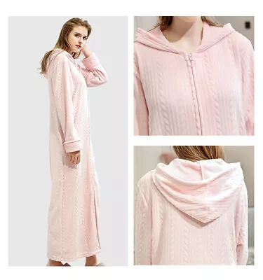 Ladies Extra Long Hooded Dressing Gown Bath Robe Warm Soft Fleece Zip Up Robes • £25.99