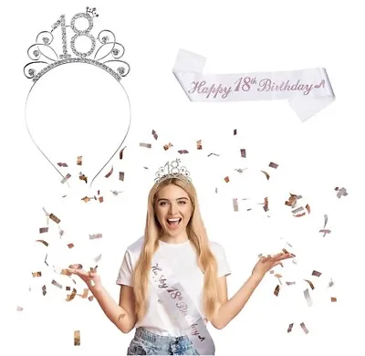 HAKOTOM 18th Birthday Sash And Crown Happy 18th Birthday Tirra Headband 18 Tiara • £5.99