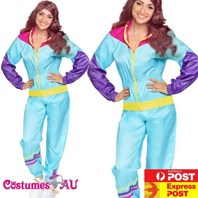 Womens 80s Height Of Fashion Costume Blue Retro Neon 1980s Tracksuit Shell Suit • $33.24