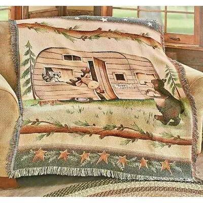 Woodsy Retro Camper Tapestry Throw Blanket Woodland Bear Racoon Moose 51 X 62 In • $37.92