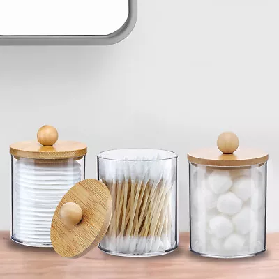 3Pcs Qtip Holder Dispenser With Bamboo Lids Clear Acrylic Bathroom Jars Fagff • $19.19