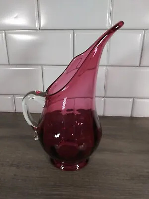 Vintage Cranberry Glass Pitcher Swung Vase Stretched Glass Pulled Vase 8  Tall • $29.99