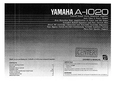 Operating Instructions For Yamaha A-1020 • $9.65