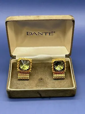 Dante Signed Vintage Large Green/Blue Square Crystal Gold Tone Mesh Cufflinks • $74.99