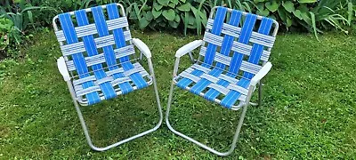 2 Vintage Aluminum Folding Chair Beach Lawn Webbed Blue/White Vtg Camping Chairs • $34.99