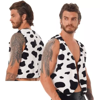 Men's Cow Print Festival Vest Waistcoat Costume Sleeveless Open Front Short Tops • £5.51