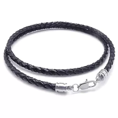  Mens Black  Real Leather Braided Cord Necklace Stainless Steel Lobster  Clasps • £7.39