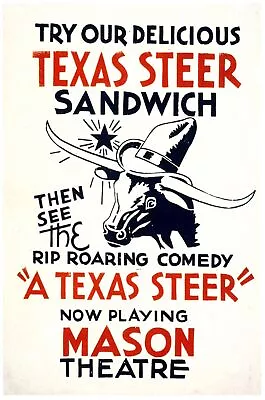 7464.A Texas Steer.Mason Theater.bull With Cowboy Hat.POSTER.art Wall Decor • $20