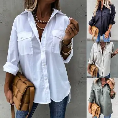 £11.69 • Buy Women Baggy Shirt Button Up Long Sleeve Ladies Casual Loose Plain Blouse Tops