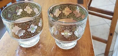 Vintage Culver Valencia Highball Lowball Wine Glasses With 22k Gold Set Of 2 • $25