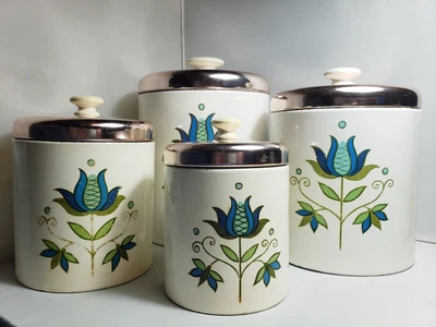 $49.99 • Buy 4 Vintage Ransburg Nesting Canisters Set MCM Flower Tulip Copper Toned Lids