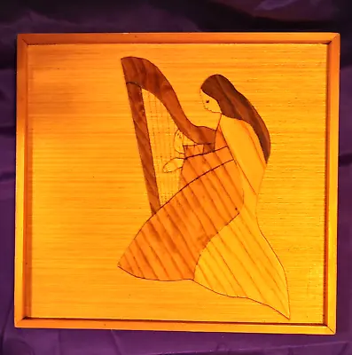 Wood Marquetry Panel Handcrafted Woman Playing The Harp MCM  Framed  12  X 13   • $34.99
