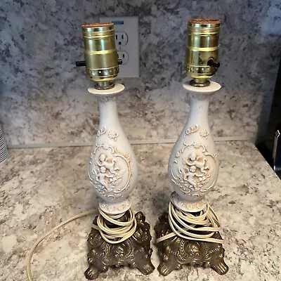 Vintage Leviton Bedside Table Lamps White Ceramic Cherub Angels Gold Metal Base • $40