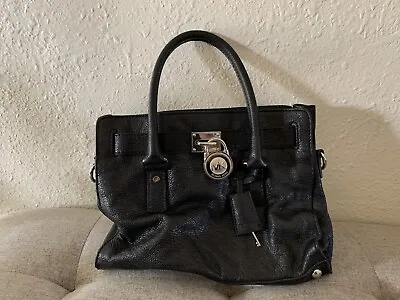 Genuine Michael Kors Hamilton Leather Black W/ Silver Lock Satchel Shoulder Bag • $50