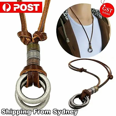 Men Women's Alloy Double Ring Cord Leather Pendant Necklace Adjustable Necklace • $6.99