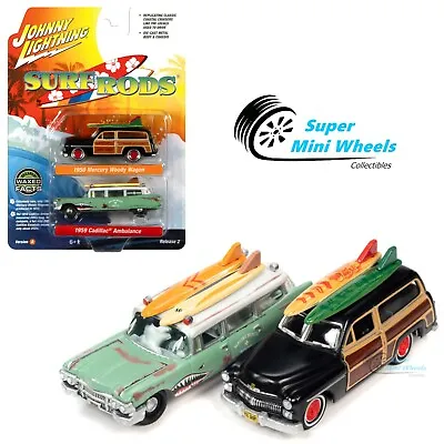 Johnny Lightning 2 Pack - Surf Rods 1950 Mercury Wagon & 1959 Cadillac Ambulance • $14.99