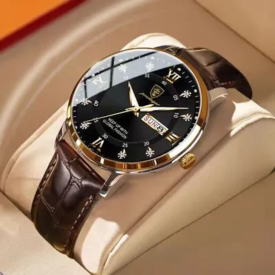 Men Watch Fashion Leather Strap Waterproof Luminous Date Quartz Men's Wristwatch • £15.97