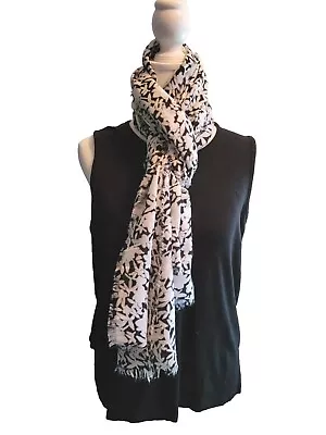 White Floral Design Scarf Subtle Gray Accents Blk Background 28x72 Fringed • $10