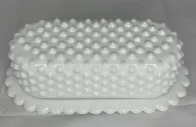 Fenton Hobnail Milk Glass Butter Dish MCM 1960s White Kitschy Kitchen Mod VTG • $39