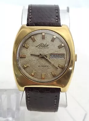 Rare Vintage Mido Multifort Automatic WRISTWATCH Gold TONE LEATHER BROWN BAND  • $199