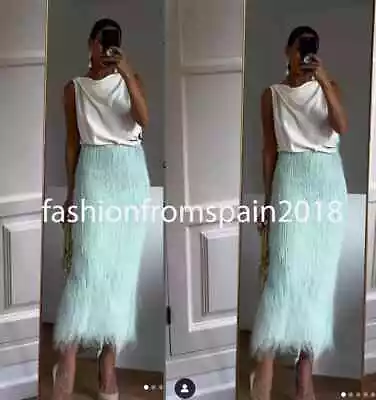 Zara New Woman High-waist Midi Skirt With Fringe Sea Green Sml  3920/073 • $77.77